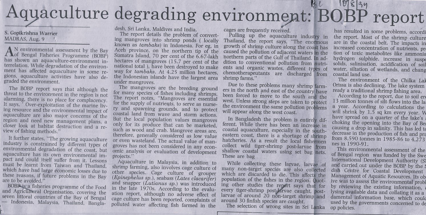 Aquaculture degrading environment BL 18834 : BOBP report