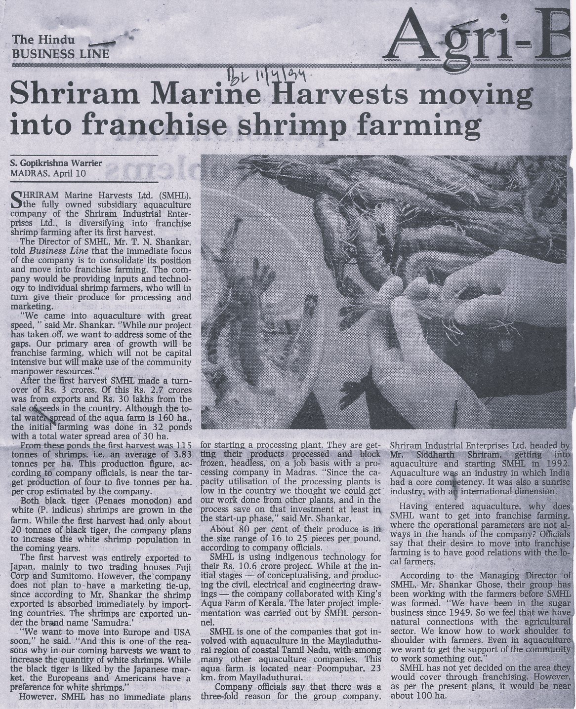 Shriram Marine Harvests moving into franchise shrimp farming