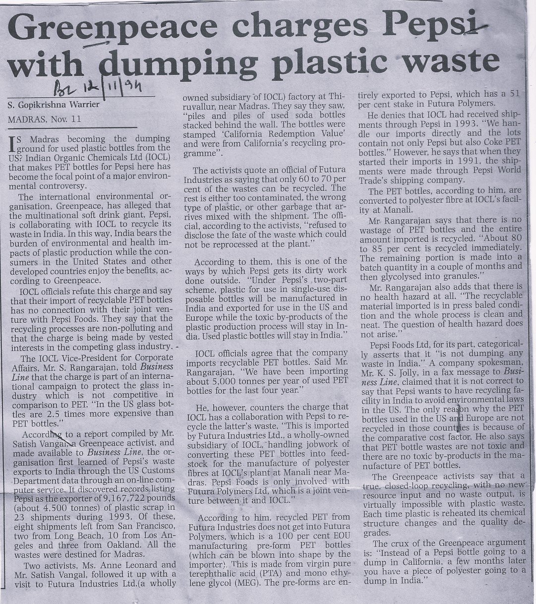 Greenpeace charges Pepsi with dumping plastic waste
