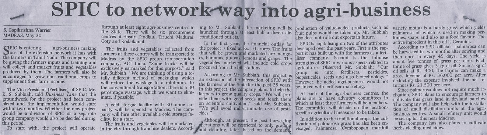 SPIC to network way into agri-business