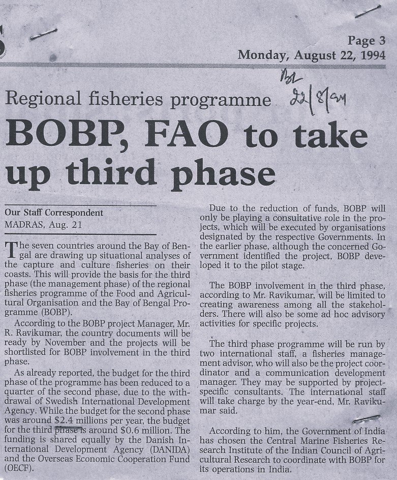 BOBP, FAO to take up third phase