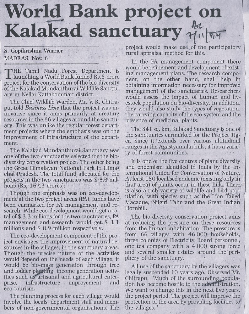 World Bank project on Kalakad sanctuary