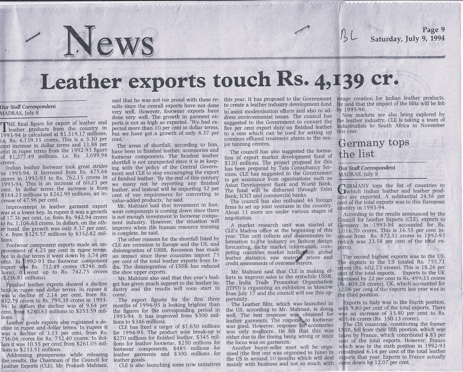 Leather exports touch Rs. 4,139 cr.