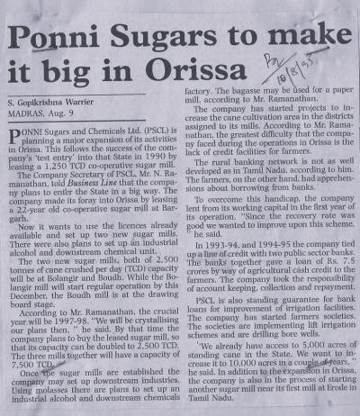 Ponni Sugars to make it big in Orissa