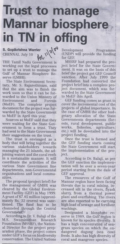 Trust to manage Mannar biosphere in TN in offing