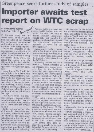 Importer awaits test report on WTC scrap