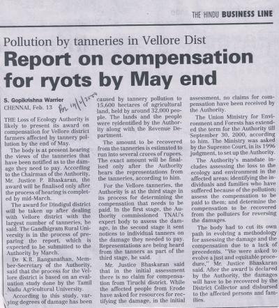 Report on compensation for ryots by May end
