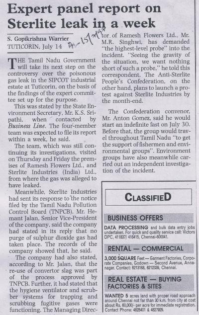 Expert panel report on Sterlite leak in a week