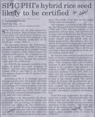 SPIC PHI's hybrid rice seed likely to be certified