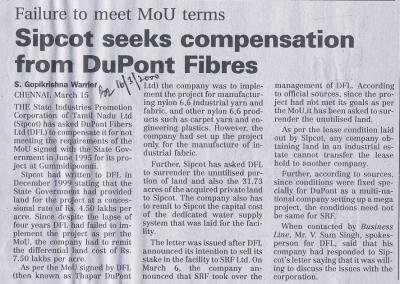 Sipcot seeks compensation from DuPont Fibres