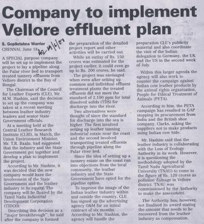 Company to implement Vellore effluent plan
