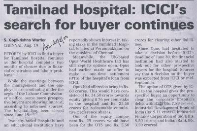 Tamilnad Hospital: ICICI's search for buyer continues