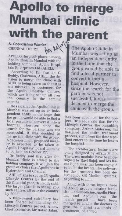 Apollo to merge Mumbai clinic with the parent