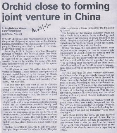 Orchid close to forming joint venture in China