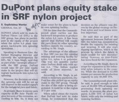 DuPont plans equity stake in SRF nylon project