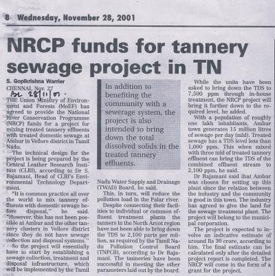 NRCP funds for tannery sewage project in TN