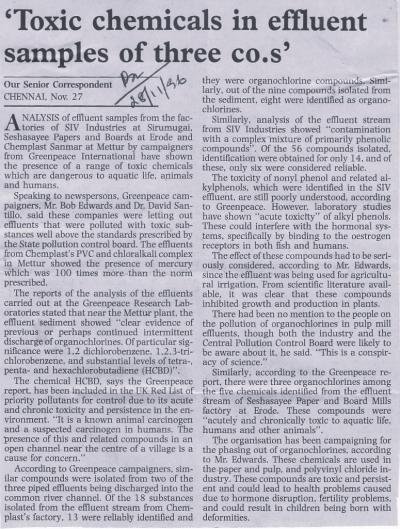 'Toxic chemicals in effluent samples of three co.s'
