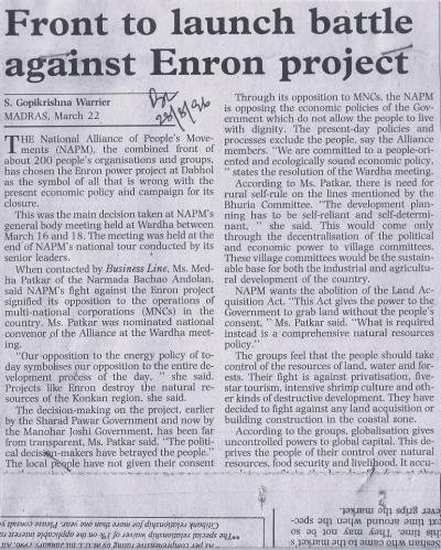Front to launch battle against Enron project