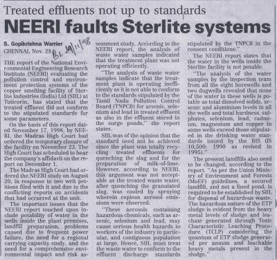 Treated effluents not up to standards NEERI faults Sterlite systems