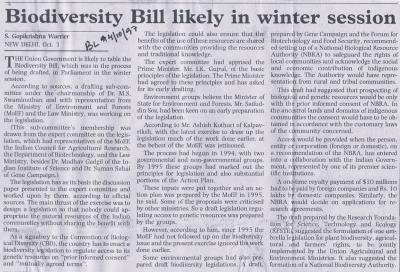 Biodiversity Bill likely in winter session