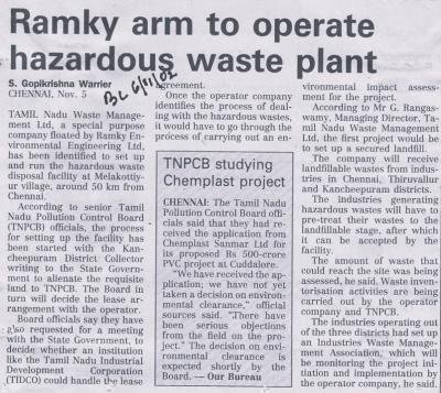 Ramky arm to operate hazardous waste plant